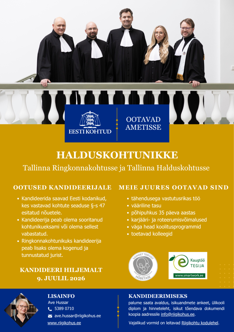 Halduskohtunike konkursi kuulutusel on foto koos viie kohtunikuga ja kandideerimistingimuste kirjeldus.