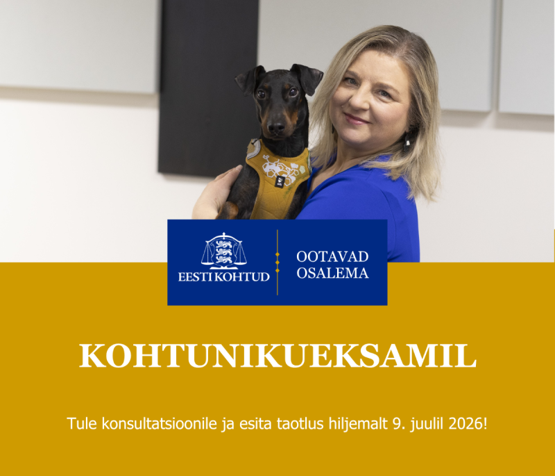 Kohtunikueksami kuulutusel on kujutatud kohtunikku koos oma koeraga.