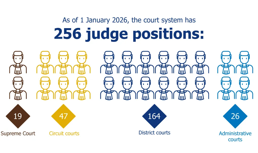 The figure illustrates the distribution of judge positions between different levels of court.