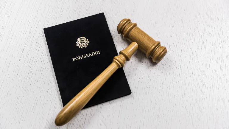 Fotol on kujutatud Eesti põhiseadust ja kohtuniku haamrit.